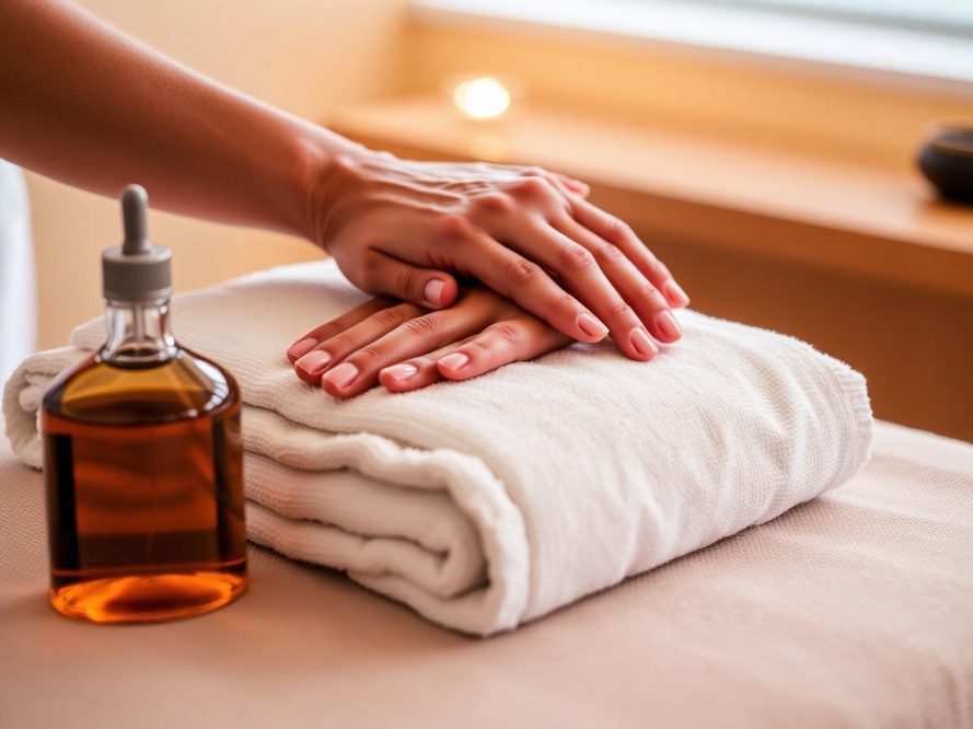 Massage therapist's hands resting on warm towels beside massage oil in Sherman Oaks