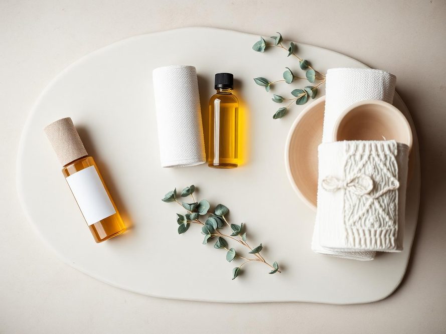 Massage oil, rolled towels and eucalyptus laid out before a treatment at Healing Spa