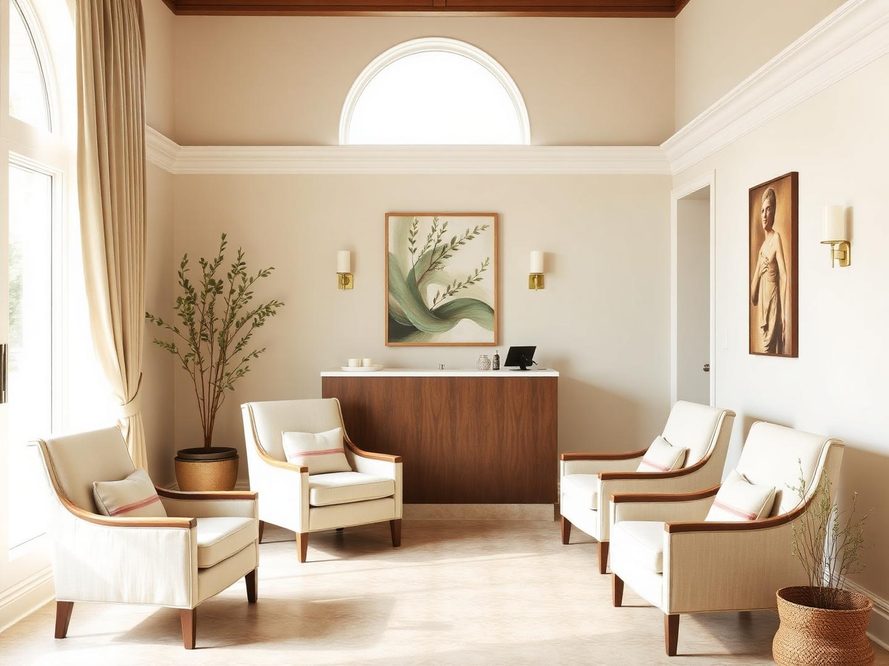 Reception lounge with linen armchairs at Healing Spa in Sherman Oaks
